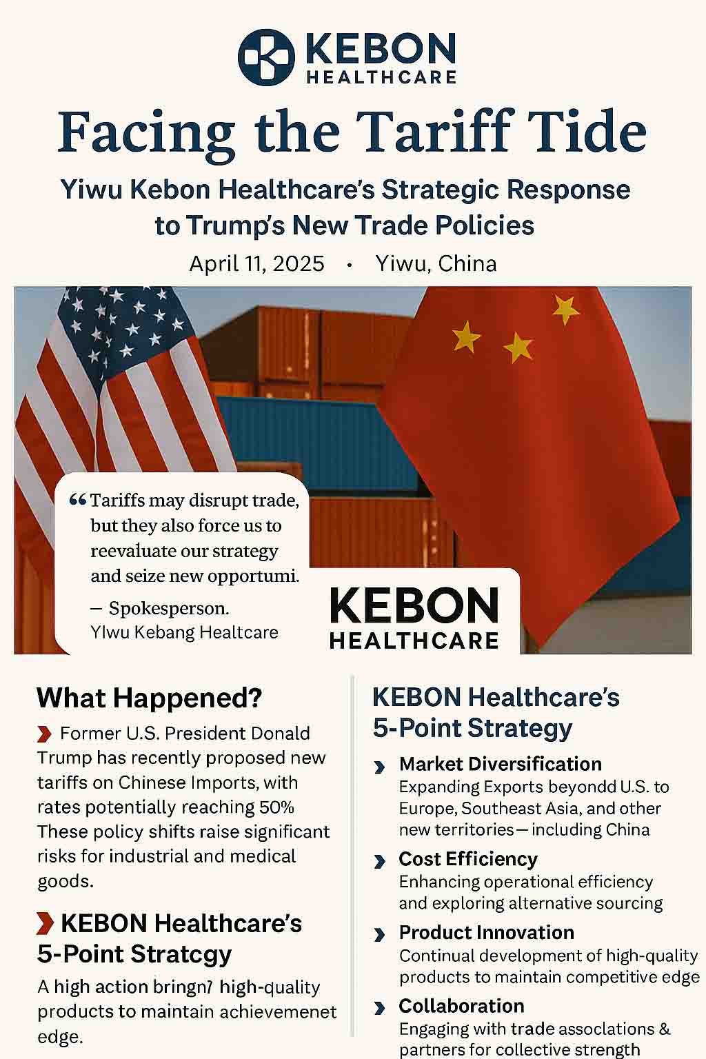 Les tarifs peuvent perturber le commerce, mais ils nous obligent également à repenser notre stratégie, à renforcer notre marque et à explorer de nouvelles frontières. » - porte-parole, Yiwu Kebon Healthcare Co., Ltd