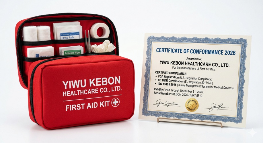Yiwu Kebon Healthcare : 2026 certifications FDA, CE et ISO 13485 renouvelées pour les trousses de premiers secours