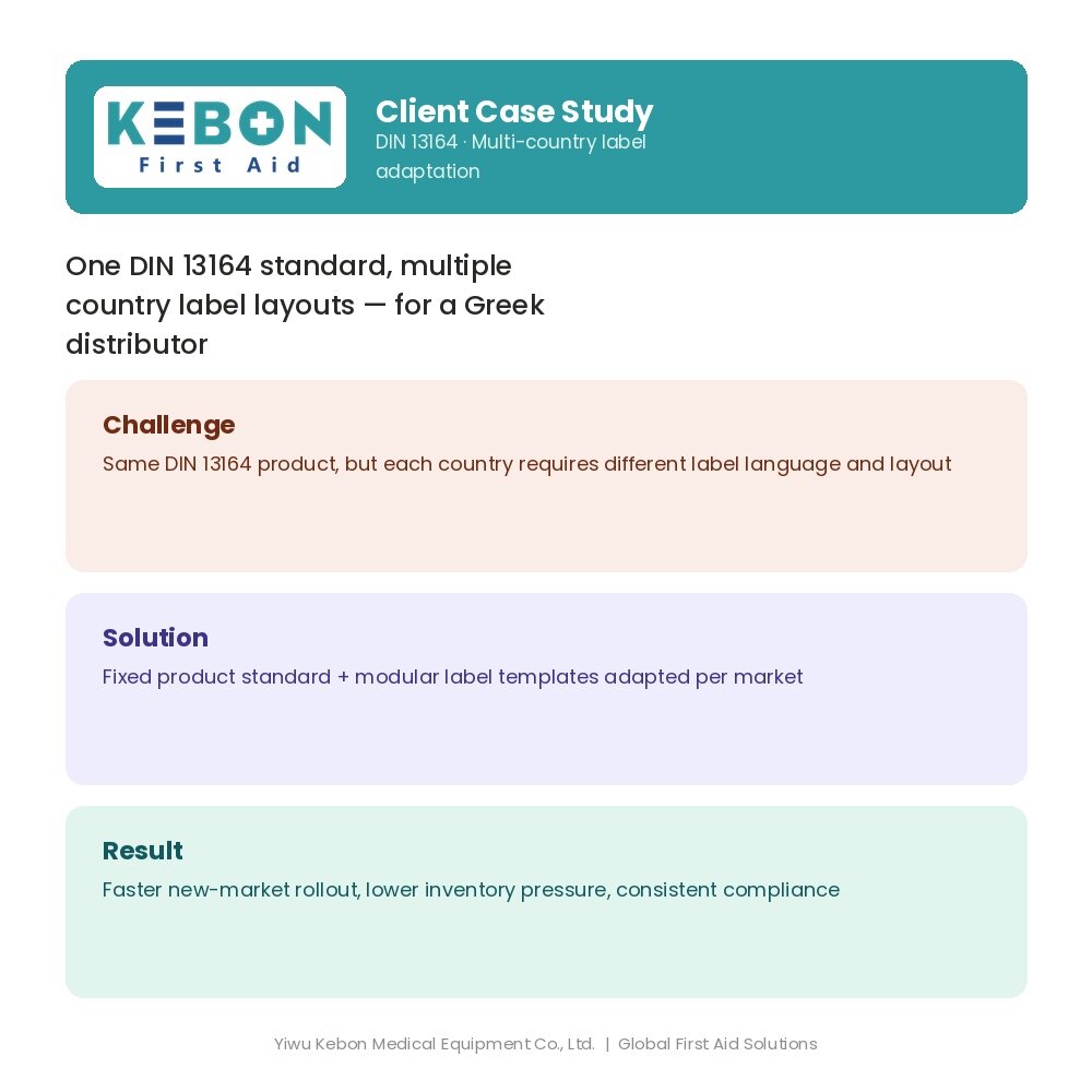 Une norme, des marchés multiples : comment Yiwu Kebon Healthcare a résolu la conformité des dispositions multi-pays pour les kits de premiers secours DIN 13164 d'un client grec